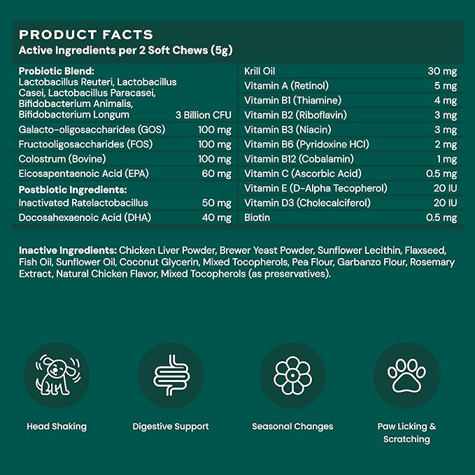 Dog Probiotics and Multivitamin Chews for Allergies, Digestive Health, Immune Support, Gut Health, Allergy Relief, Dog Vitamins, with Vitamin C, Omega 3, Colostrum, 60 Soft Chews per Jar