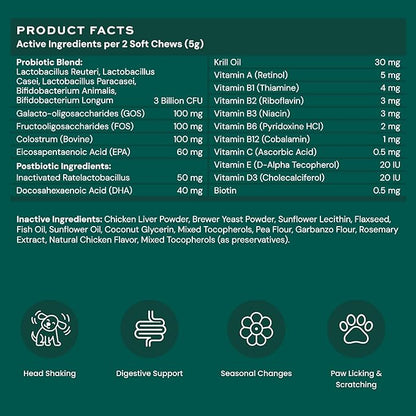 Dog Probiotics and Multivitamin Chews for Allergies, Digestive Health, Immune Support, Gut Health, Allergy Relief, Dog Vitamins, with Vitamin C, Omega 3, Colostrum, 60 Soft Chews per Jar