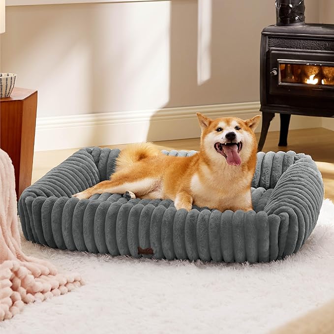 Bedsure ComfyFleece™ Cute Dog Bed for Large Dogs - Washable Furry Puppy Beds, Rectangle Orthopedic Corduroy Fleece Pet Beds with Removable Zipper Cover, 36x27x8inches, Warm Grey