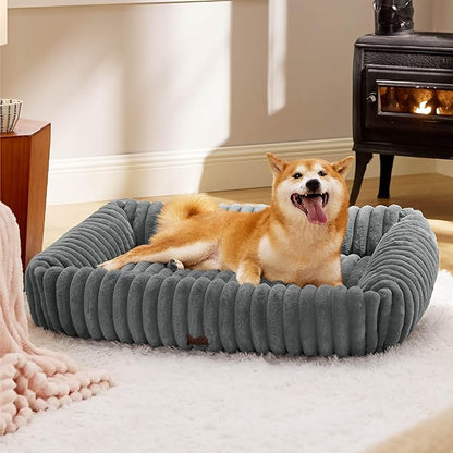 Bedsure ComfyFleece™ Cute Dog Bed for Large Dogs - Washable Furry Puppy Beds, Rectangle Orthopedic Corduroy Fleece Pet Beds with Removable Zipper Cover, 36x27x8inches, Warm Grey