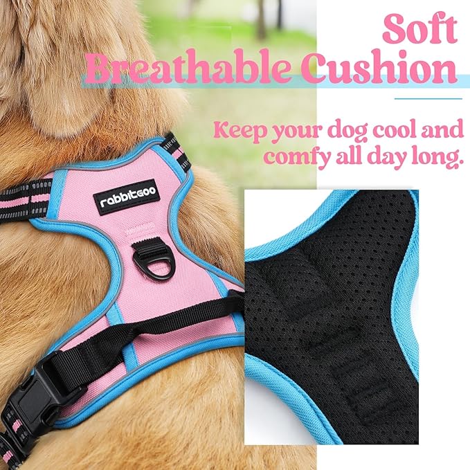 rabbitgoo Dog Harness No Pull with 2 Leash Clips, Adjustable Soft Padded, Reflective Oxford No Choke Pet Vest with Easy Control Handle for Large Dogs, Pink & Blue, XL