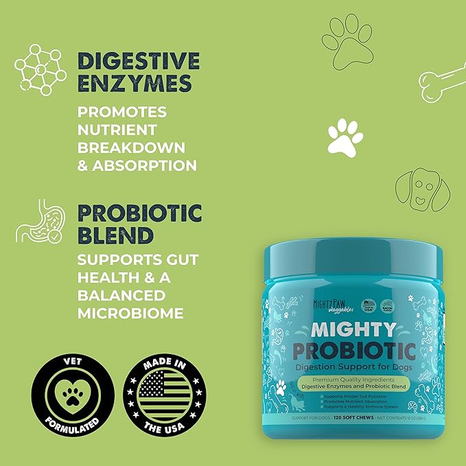 Mighty Paw Waggables Probiotic Chews for Dogs (Made in USA) | Dog Probiotics & Digestive Enzymes. Bacon Flavor Probiotic for Dogs Digestive Health. Prebiotics, Probiotics for Dog Gut Health (120 Ct)