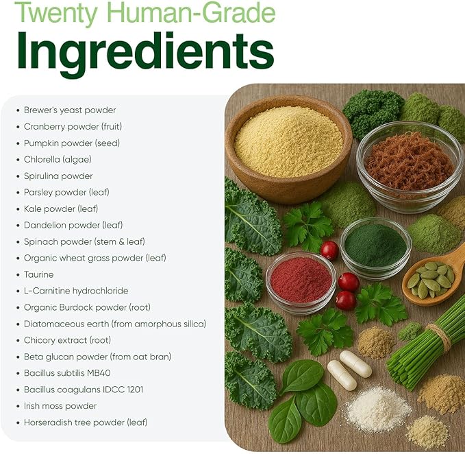 Human-Grade Superfood For Dogs, Premium Greens Powder Supplement For Dental Health, Longevity, Hip & Joint, Gut Health, Allergies, Immune Support, Skin & Coat - 3.5 oz Nutrient Dense Formula