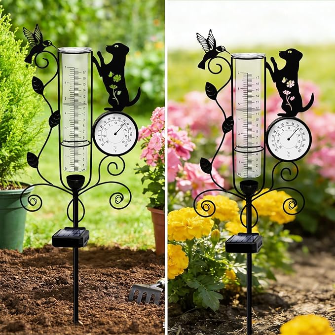 YJFWAL Dog Rain Gauge Outdoor, Decorative Metal Hummingbird Solar Rain Gauge with LED Light and Thermometer, Garden Decor for Yard, Lawn, Pathway, Farm