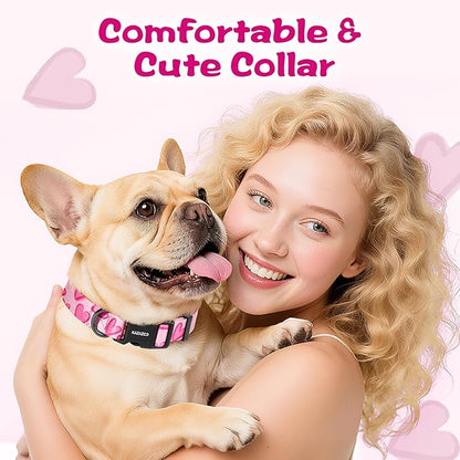 Kazazoo Dog Collar Cute and Soft Nylon Puppy Collar Girl, Adjustable Dog Collars for Small Medium Dogs, Hot Pink Heart-M