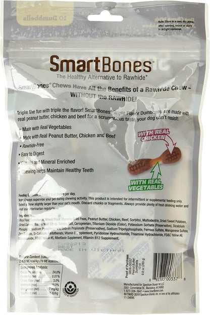 SmartBones Triple Flavor Dumbbells with Peanut Butter 10 Count, Rawhide-Free Chews for Dogs