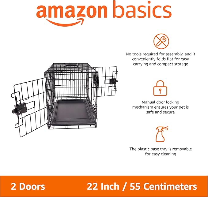 Amazon Basics Portable, Foldable Metal Wire Dog Crate with Removable Tray, Double Door, Divider Panel, Easy to Assemble, 22 x 13 x 16 in, Black