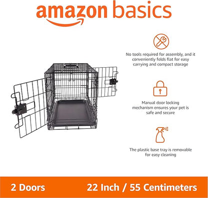 Amazon Basics Portable, Foldable Metal Wire Dog Crate with Removable Tray, Double Door, Divider Panel, Easy to Assemble, 22 x 13 x 16 in, Black