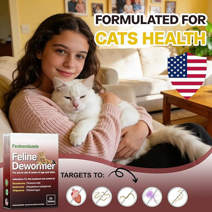 Dewormer for Cats & Kittens, Fenbendazole for All Wormers, Roundworms, Hookworms and Whipworms, 24 Tablets