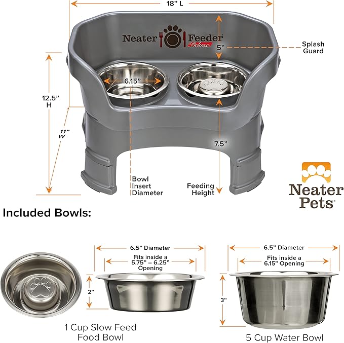 Neater Feeder Deluxe Mess-Proof Elevated Dog Bowls for Medium Dogs (19–40 lbs), 2 Height Adjustable (10” & 12.5”) No-Spill Raised Dog Bowl Stand w/Slow Feed Bowl for Food, Made in USA, Grey