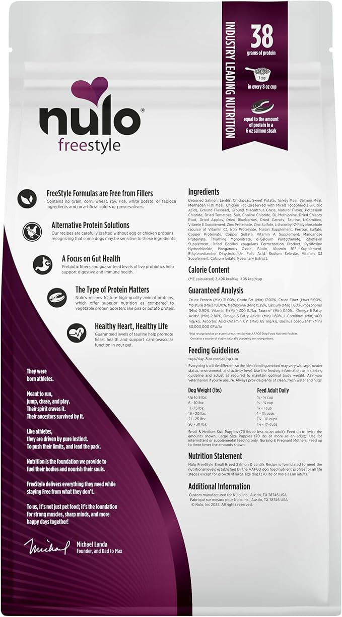 Nulo FreeStyle Small Breed Dog Food Dry - Salmon & Lentils, Puppy & Adult Grain Free Dog Food, Natural, High Protein, Smaller Sized Kibble with BC30 Probiotic for Healthy Digestion Support, 6lb Bag