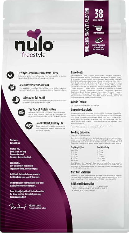 Nulo FreeStyle Small Breed Dog Food Dry - Salmon & Lentils, Puppy & Adult Grain Free Dog Food, Natural, High Protein, Smaller Sized Kibble with BC30 Probiotic for Healthy Digestion Support, 6lb Bag