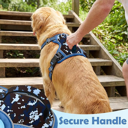 Funfox Dog Harness No Pull, Adjustable Pet Vest Harness, Super Soft Material with Vertical Handle Easy Control, Reflective Night Walking, 2 Leash Clips for Medium Sized Dogs, Mosaic Blue, M