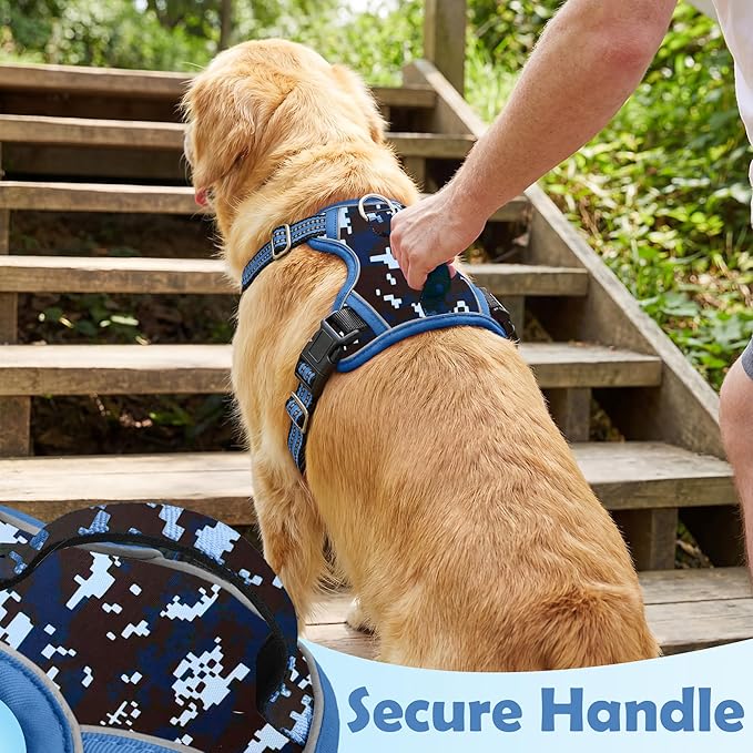 Funfox Dog Harness No Pull, Adjustable Pet Vest Harness, Super Soft Material with Vertical Handle Easy Control, Reflective Night Walking, 2 Leash Clips for Large Dogs, Mosaic Blue, L