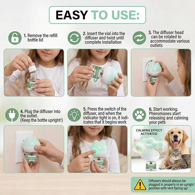 Dog Calming Diffuser Plug-in with Gentle Night Glow, 3 Refills Kit for Behavioral Support, Stress Soothing Aid for Pets During Travel, Thunder, Vet Visits, Fireworks, Safe Formula, 90 Days Supply