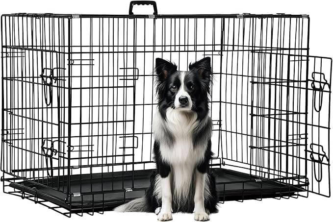 FDW Dog Crate 42-Inch Dog Cage Foldable Metal Kennel with Leakproof Tray Foldable Design Indoor Outdoor Use for Large Dogs,Dark Black