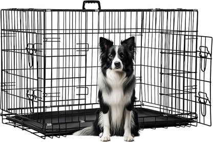 FDW Dog Crate 42-Inch Dog Cage Foldable Metal Kennel with Leakproof Tray Foldable Design Indoor Outdoor Use for Large Dogs,Dark Black