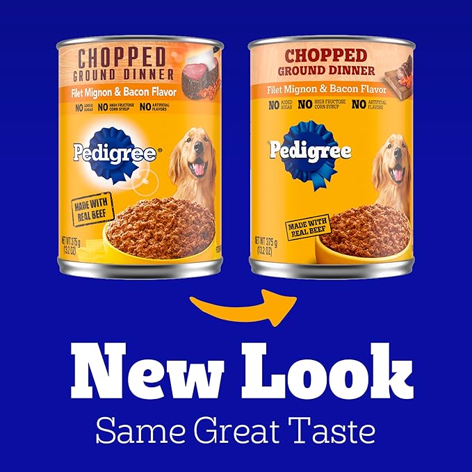 Pedigree Chopped Ground Dinner Adult Soft Wet Dog Food Filet Mignon & Bacon Dinner, Canned Dog Food, 13.2 oz. Cans (12 Count, Pack of 1)