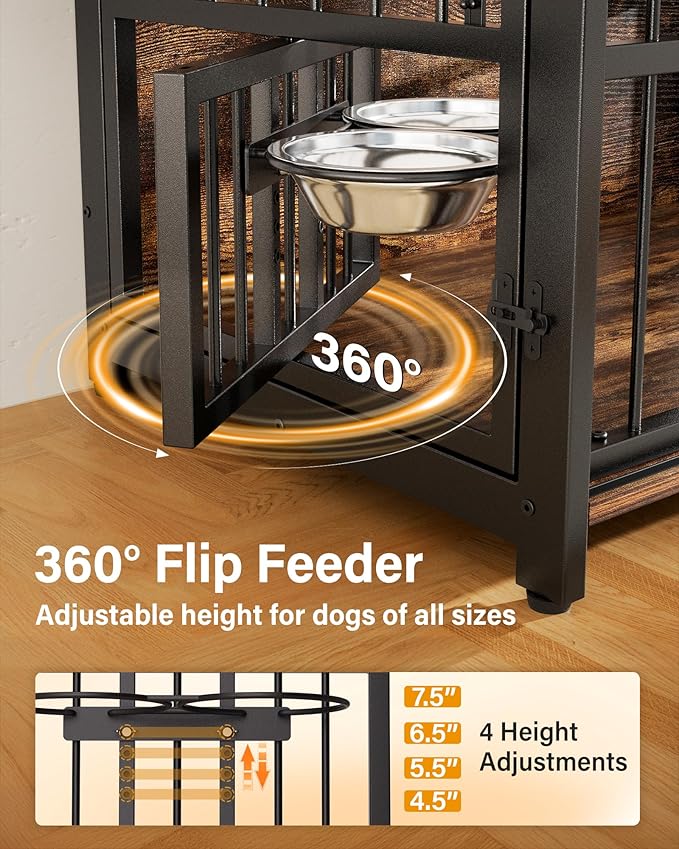 Dog Crate Furniture for Large Dogs: 39 Inch Heavy Duty Chewproof Wooden Kennel Furniture - Dog Cage Table for High Anxiety Dogs- 360° Adjustable Bowls Multi-Lock Sliding Door for Indoor