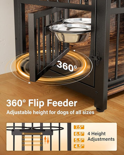 Dog Crate Furniture for Large Dogs: 39 Inch Heavy Duty Chewproof Wooden Kennel Furniture - Dog Cage Table for High Anxiety Dogs- 360° Adjustable Bowls Multi-Lock Sliding Door for Indoor
