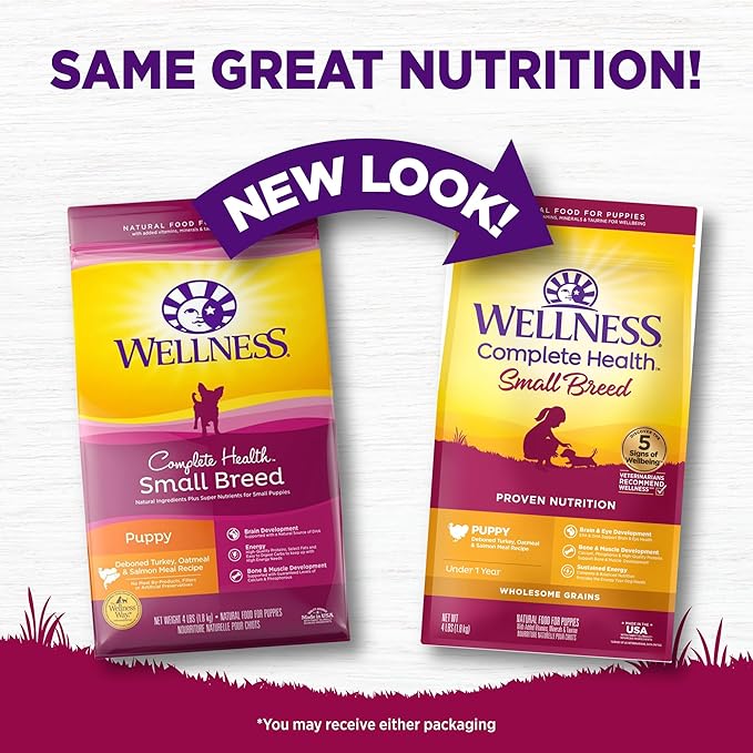 Wellness Complete Health Small Breed Puppy Dry Dog Food, Wholesome Grain Kibble, Natural, Turkey, Oatmeal, and Salmon Recipe, 4 lb Bag
