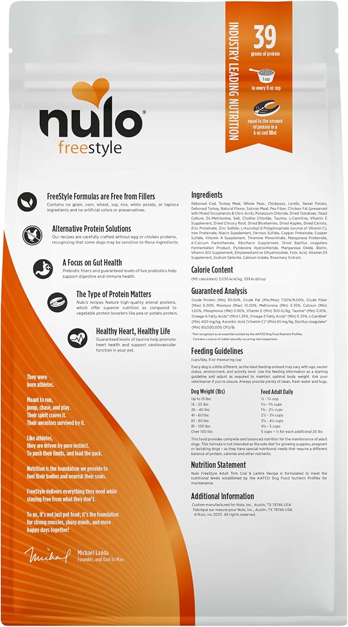 Nulo FreeStyle Adult Trim Dry Dog Food - High Protein Grain Free Dog Food for Healthy Weight Management, Natural Kibble with Probiotics, L-Carnitine and Fiber for Small, Medium, Large Breeds, 6lb Bag