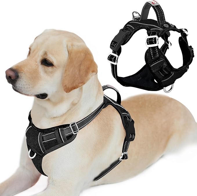 BARKBAY Dog Harness No Pull Oxford with ID Tag Pocket - Heavy Duty, Reflective, Easy Control for Large Dogs(Black Oxford,L)