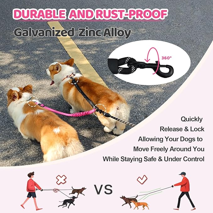 Double Dog Leash - 360°Swivel Tangle Free Splitter Attachment, 1 Rope with Handle, 2 Dogs Multi-Functional Leash, for Outdoor Walk Train Small Medium Large Two Pet, Fuchsia