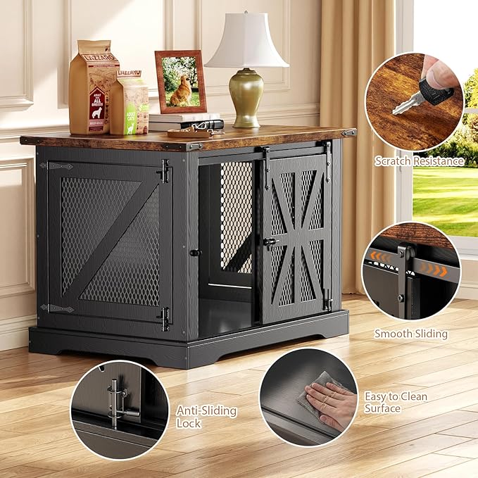 VOPEAK 40" Farmhouse Dog Crate Furniture, Heavy Duty Dog Cage for Medium Large Dogs, Wood Dog Crate Dog Kennel Indoor with Double Doors, Chew Resistant End Table for Bedroom Living Room, Black