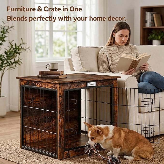 Dog Crate Furniture with Reversible Side Door, 28'' Heavy Duty Wooden Dog Kennel Indoor for Small Medium Dogs, Furniture Style Dog Cage with Double Locks, Steel Mesh, Rustic End Table Dog Crate