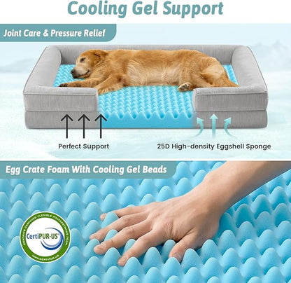 Cooling Dog Bed for Large Medium Size Dogs, Q-Max >0.4 Summer Cool Orthopedic Foam Pet Sofa Bed with Sides, Bolster Anti-Slip Couch with Washable Removable Cover, L 36x27x6.5 inch, Grey