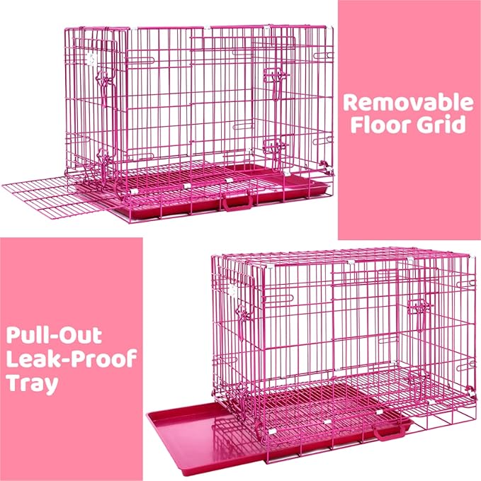 HOMEY PET 30 Inch Pink Dog Crate, Cute Dog Cage Medium Sized Collapsible Small Dog Kennel Indoor Nano-Coated Metal Wire Dog Crate with Removable Floor Grid Tray, Double Doors Dual Locks, Handle