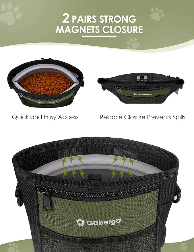 Gobeigo Dog Treat Pouch, Magnetic Closure & Sealable Silicone Bag Insert, 4-Cup Capacity – Belt Clip/Waist Belt/Crossbody Wear, Clicker Included – Great for Pet Training & Walking (Army Green)