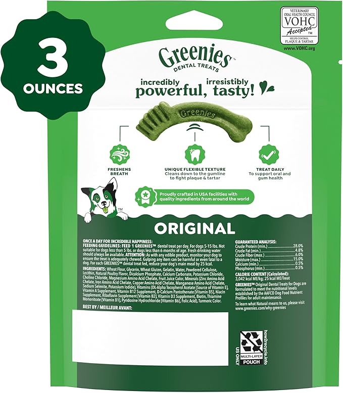 Greenies Veterinarian-Recommended Adult Natural Dental Dog Treats Teenie Size, Dog Dental Chews, Original Flavor, 3 oz. Pack, 11 Count