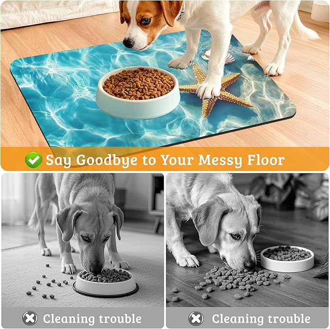 Starfish Shells Dog Cat Food Mat,Sea Beach Absorbent Waterproof Placemat for Food and Water Non Slip Rubber Backing Durable Feeding Pad for Clean Floors 16" x 24"