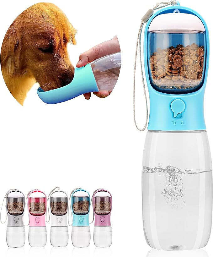 Dog Water Bottle with Food Container, Portable Leak Proof Pet Water Dispenser for Walking Hiking Travel, Puppy Essentials Accessories for Small Large Dogs, Dog Gifts (10oz/15oz/19oz)