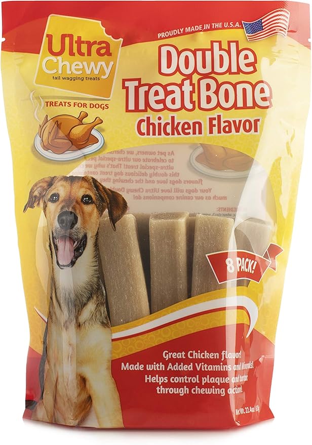 Ultra Chewy Double Treat Bones: Long-Lasting Dog Treats Made in USA for Large and Small Breeds, Highly Digestible, Ideal for Aggressive Chewers (Chicken, 2 Value Packs)