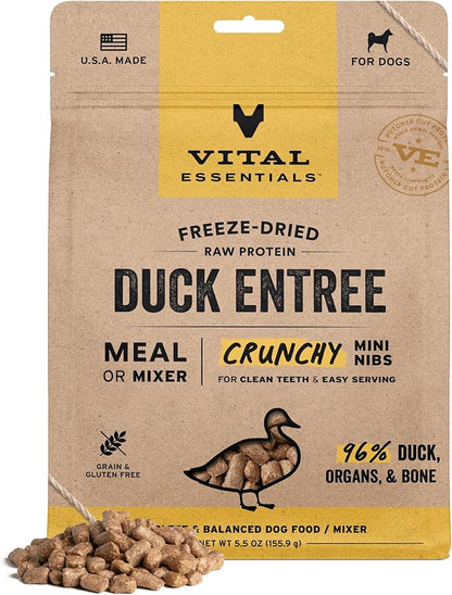 Vital Essentials Freeze Dried Dog Food, Raw Duck Crunchy Mini Nibs | Complete Meal or Topper | 96% Duck, Organs & Bone | Limited Ingredient, High Protein, Grain Free Dry Dog Food | 5.5 oz Bag