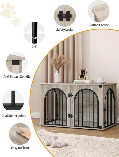 Hzuaneri 39.4" Wooden Dog Crate Furniture, Indoor Dog Kennel Dogs Cage for Small/Medium/Large Dogs, Heavy Duty Dog Crates Decorative Pet House End Side Table TV Stand, Greige Black DFC84105B