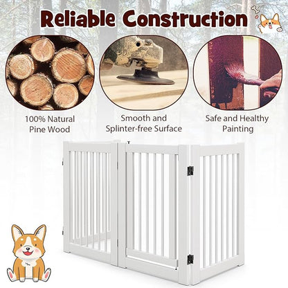 Giantex Dog Gate with Door - 30''H × 80''W Wooden Pet Gate with Walk Through Door, Foldable Freestanding 4 Panels Pet Safety Fence Extra Wide for Doorway Stairs House Deck Yard, White