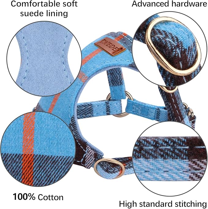 CHEDE No Pull Puppy Harness and Multifunction Dog Leash Set- 8 Colors Soft Adjustable No Choke Escape Proof Cute,Lightweight Pet Vest Harness for Small and Medium Dog (M, Blue Grid)