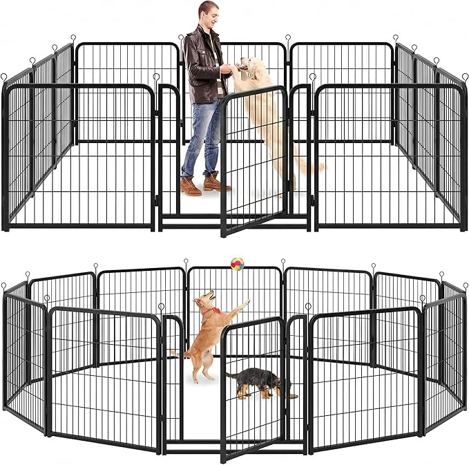 Kfvigoho Dog Playpen Outdoor Extra Wide 12 Piece Panels Heavy Duty Dog Fence 32" Height Anti-Rust with Doors Portable for RV Camping Yard, Total 32FT, 79 Sq.ft, Snowy Black