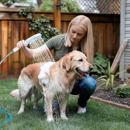 SR SUN RISE Dog Shower Attachment for Thick Haired Dogs, 4 Spray Mode Pet Bath Sprayer with Stainless Steel Diverter Valve & 6.5 Foot Hose, Indoor & Outdoor Dog Washing Grooming Supplies, Blue/White