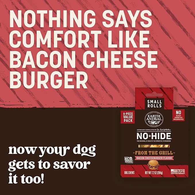 Earth Animal No Hide Chews - from the Grill Rolls Bacon Cheeseburger Flavor Rawhide Free Small Dog Chews - 6 Count