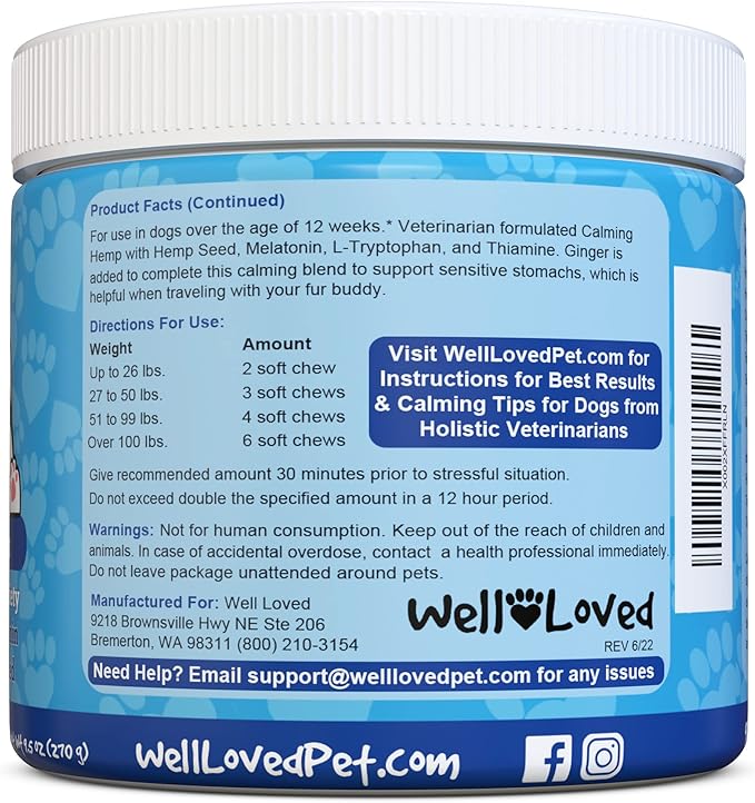 Well Loved Calming Chews for Dogs - Dog Calm Treats, Made in USA, Vet Developed, Behavior Support, Stress, Separation, Fireworks, Travel, Melatonin, Natural & Holistic, 90 Count