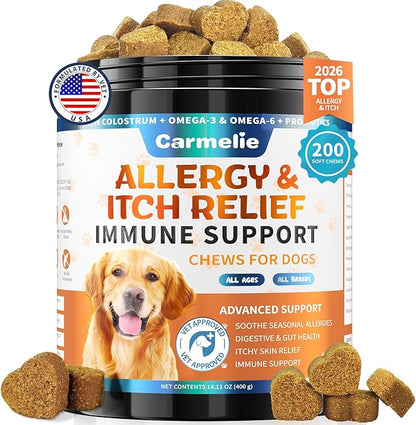 Carmelie Dog Allergy Chews 200 Chews - Dog Itching Skin Relief & Yeast - Itchy Skin and Ears & Anti Licking Paw Relief, Seasonal Allergies, Probiotics Gut Digestive, Skin & Coat Immunity - Chicken