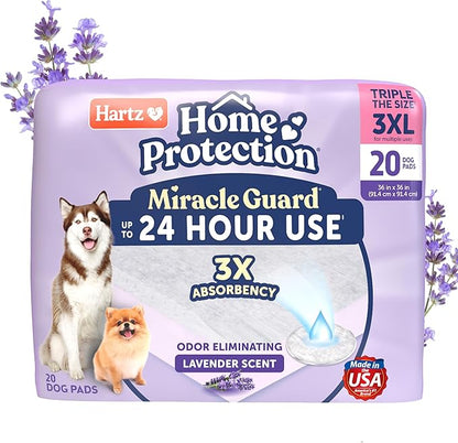 Hartz Miracle Guard Dog and Puppy Dog Pads Max Absorbency 24 Hour Use Odor Eliminating Lavender Scented No Leaks, 3XL Size 20 Count
