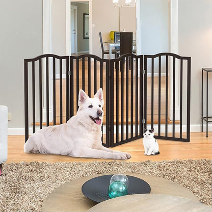 Indoor Pet Gate 4-Panel Foldable Dog Gate for Stairs Hallways or Doorways, Freestanding Wood & Metal Fence, Pet Barrier for Dogs, Cats, Puppies, Small-Medium Pets, 72 in Wide by PETMAKER (Brown)