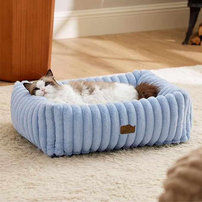 Bedsure ComfyFleece™ Washable Dog Bed for Medium Dogs - Cute Furry Puppy Beds, Rectangle Orthopedic Corduroy Fleece Pet Beds with Removable Zipper Cover, 20x19x6inches, Blue