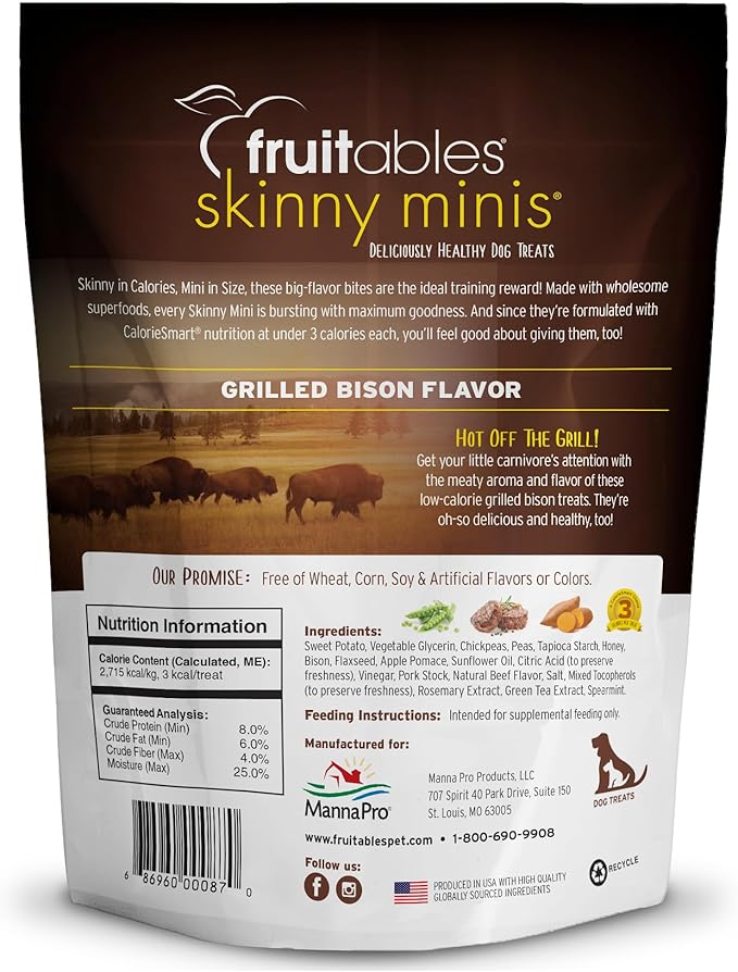Fruitables Dog Treats, Grilled Bison, 12 Ounces Pack of 2 | Skinny Mini | Low Calorie | Training Treats | Wheat-Free